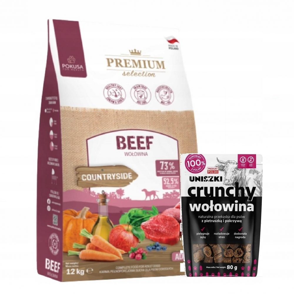 POKUSA WOŁOWINA karma such 12kg ZESTAW z przekąską CRUNCHY wołowina UNISZKI