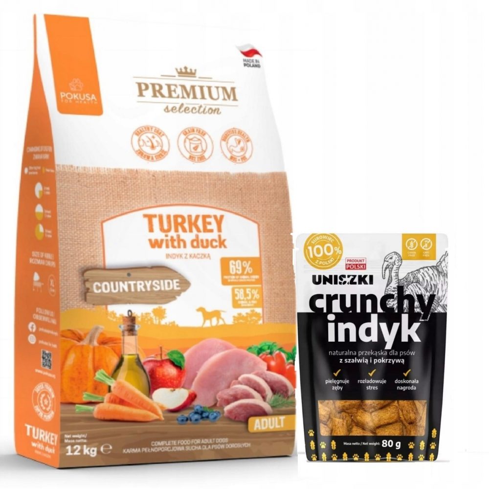 POKUSA sucha karma INDYK z kaczką- ADULT 12 kg z CRUNCHY UNiszki indyk 80G