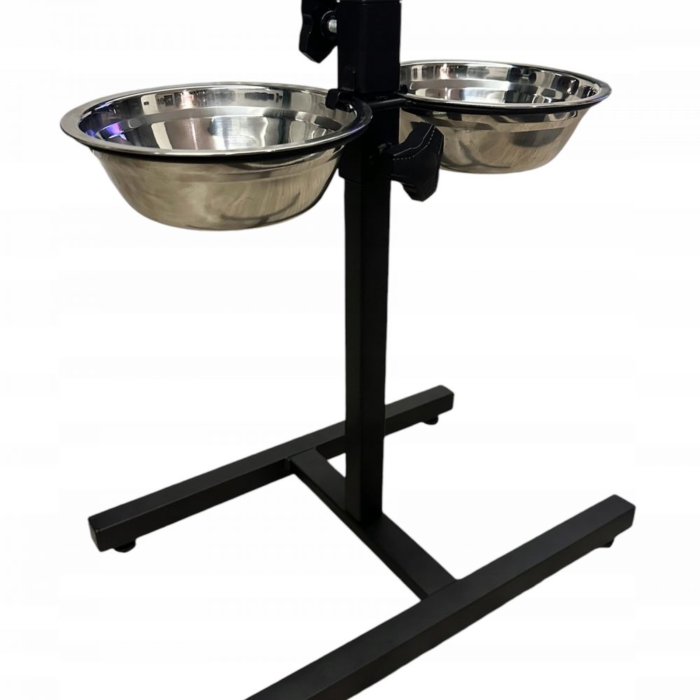 Podwójne miski ze stali nierdzewne 17x6cm na stojaku metalowym regulowane