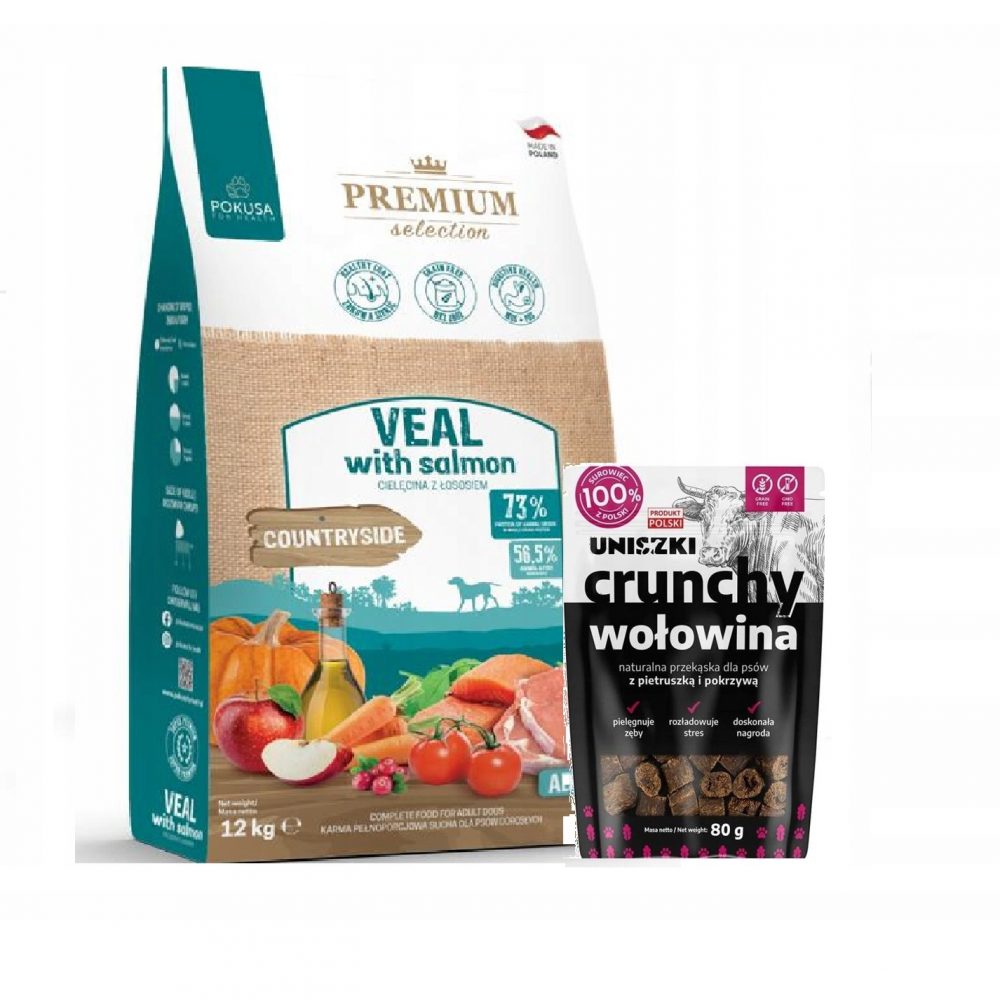 Pokusa sucha karma CIELĘCINA 12kg ZESTAW z CRUNCHY wołowina 80g UNISZKI