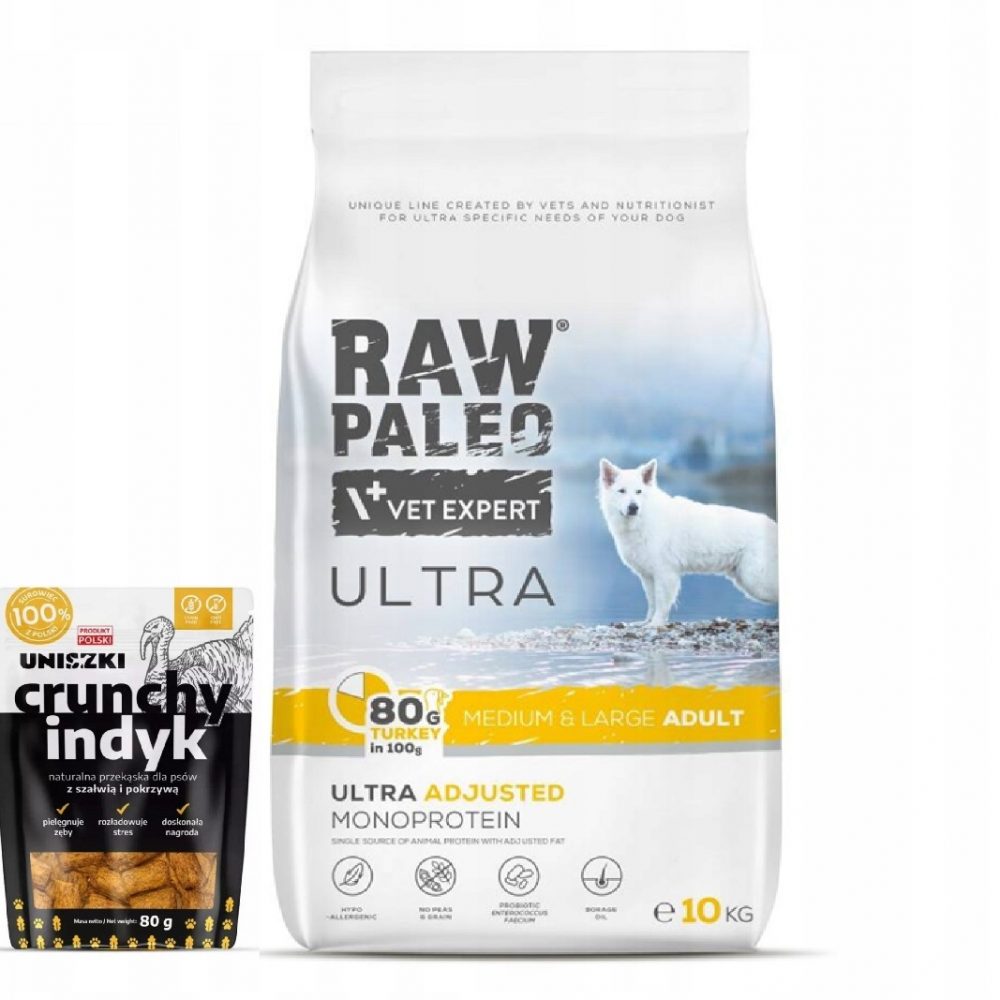 sucha karma RAW PALEO Ultra Turkey M/ L Adult 10kg z UNISZKI Crunchy Indyk
