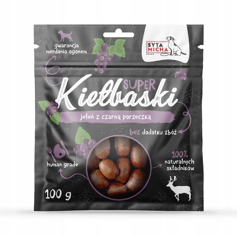 SYTA MICHA Kiełbaski jeleń z czarną porzeczką - przysmak naturalny- 100g
