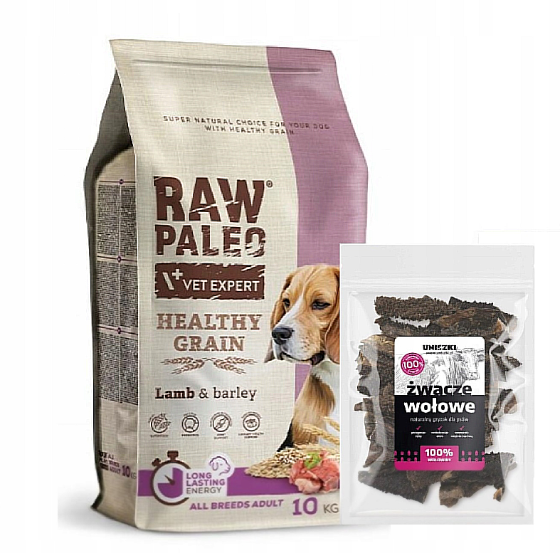 ZESTAW Raw Paleo karma sucha jagnięcina 10 kg z żwaczami wołowymi UNISZKI