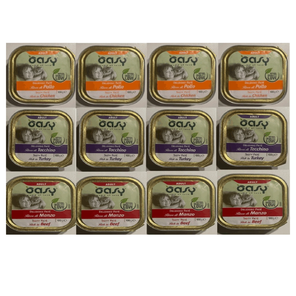 OASY PATE- Mokra karma dla kota- indyk, kurczak i wołowina-12 X 100g