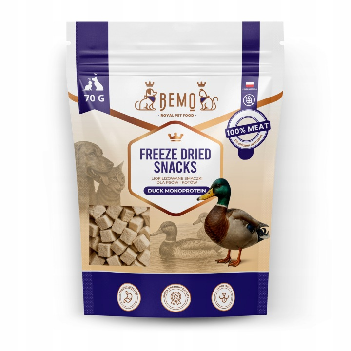 BEMO Smaczki dla Psów i kotów -FREEZE DRIED Snacks- kaczka100% -70g